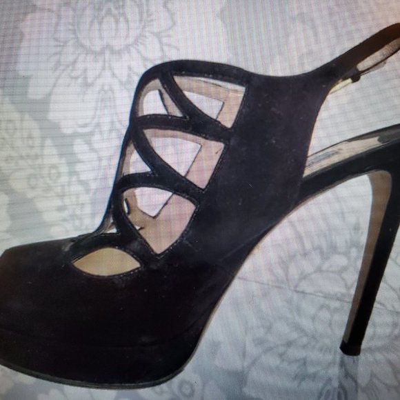 Prada Black Suede Peep-Toe Platform Heels | Ankle Strap Sandals - Picture 7 of 8